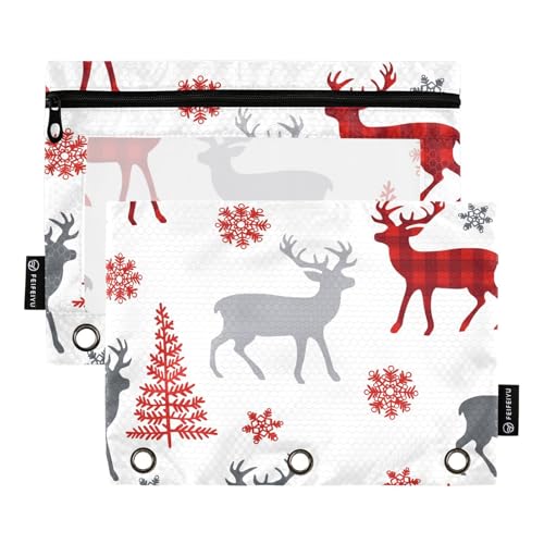 Federmäppchen für Weihnachten, Winter, Schnee, Elch, Rot, großes Federmäppchen mit Sichtfenster, Ringordner mit Taschen, großes Fassungsvermögen, 3 Ringe, Federmäppchen für Bürobedarf, mehrfarbig, 2 von famyily