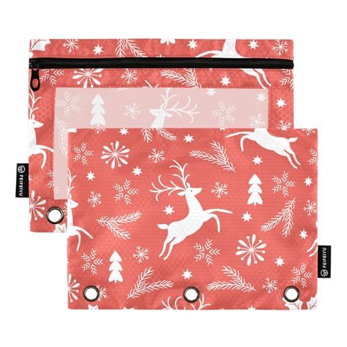 Federmäppchen mit 3 Löchern, rotes Weihnachts-Rentier, mit transparentem Fenster, Ringen, Federmäppchen mit Reißverschluss, verstärkte Ösen, 3 Ringe zur Aufbewahrung von Schulstudenten, Lehrerbedarf von famyily