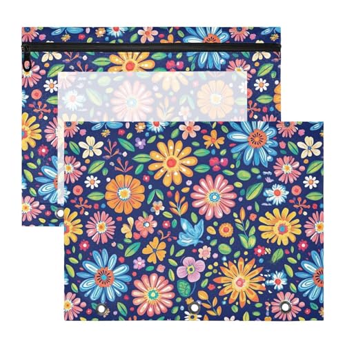 Federmäppchen mit 3 verstärkten Ösen, Stifthalter für A4-Papier, Briefe, 2 Stück, Studenten, College-Zubehör, bunte Gänseblümchen, blaue Blumen von famyily