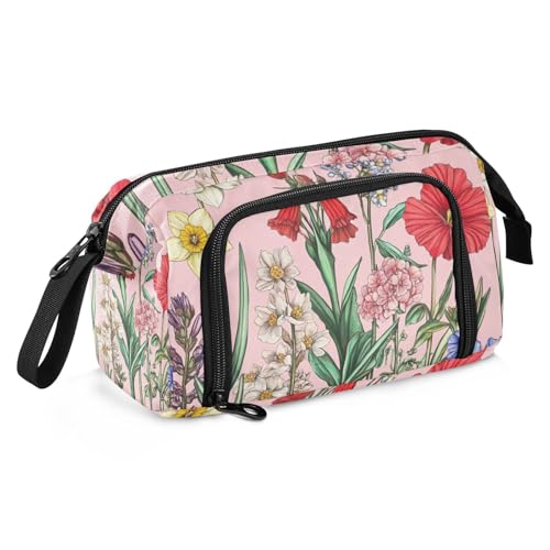 Federmäppchen mit Blumen, Narzissen, Sukkulenten, Pfirsichfarben, große Kapazität, Kunst-Federmäppchen mit Griff, Federmäppchen für die Schule für Jungen, adretter Schulbedarf von famyily