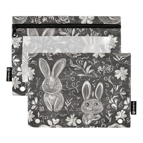 Federmäppchen mit Hasen-Motiv, Kunststoff, für drei Ringe, Bindertaschen mit 3 Löchern, für Bürobedarf, Schwarz, Bunny Black Flower, 1 sizex2 von famyily