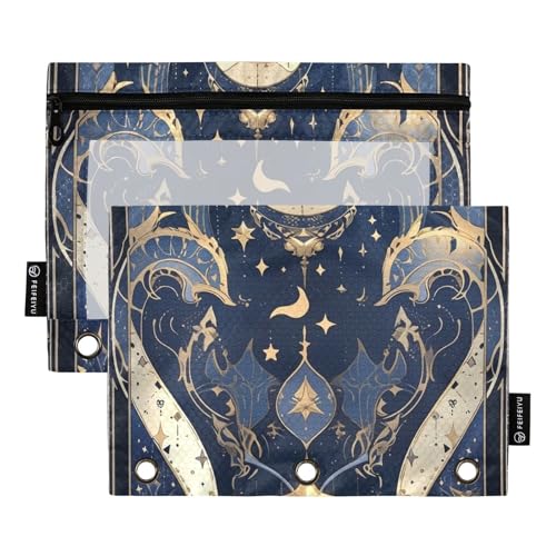 Federmäppchen mit Stern- und Mond-Mythos, mit transparentem Fenster, Federmäppchen mit Reißverschluss, verstärkte Ösen, 3 Ringe, Ordnertasche für Büro, Schulbedarf, Kosmetik, mehrfarbig, 2 Stück von famyily