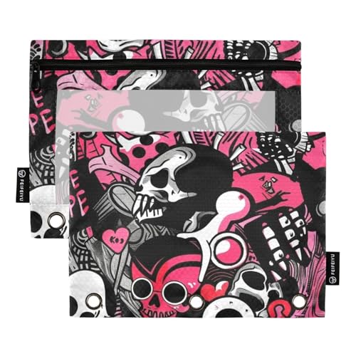 Federmäppchen mit buntem Cartoon-Hüft-Design, Motiv: Totenköpfe, großes Reißverschluss-Federmäppchen mit transparentem Fenster, großes und stabiles 3-Ringbuch für Schule, Büro und Zuhause, mehrfarbig von famyily
