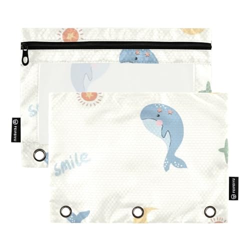 Federmäppchen mit niedlichem blauem Fischmeer, großes Federmäppchen mit transparentem Fenster, Federmäppchen, Organizer, groß und stabil, 3 Ringe, Federmäppchen für Bürobedarf, mehrfarbig, 2 Stück von famyily