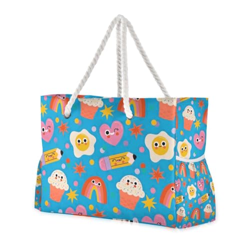 Gelb-weißes pochiertes Ei, stabile Damen-Tragetasche mit Seitentaschen, Damen-Tragetasche mit Getränkehaltern an der Seite von famyily