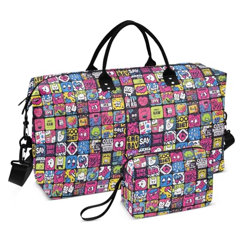 Graffiti Art Trend Play Aufkleber Persönliche Gegenstände Reisetasche Weekender Seesack Turnbeutel mit verstellbarem Riemen für Trekking 2-teiliges Set von famyily