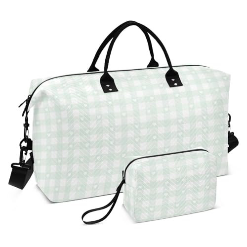Green Love Karierte Reisetasche, Wochenendtasche, Turnbeutel mit Kulturbeutel für Fitnessstudio, 2-teiliges Set von famyily