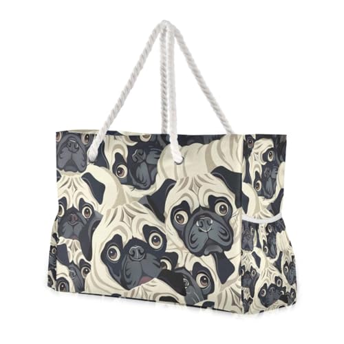 Große Damen-Tragetasche mit lustigem Mopsmuster, sanddicht, mit Seitentaschen, große Tasche, Reisezubehör, Strandgeschenk, Geburtstagsgeschenk, Schwarz und Weiß Große Damen-Tragetasche mit lustigem Mopsmuster, sanddicht, mit Seitentaschen, große Tasche, Reisezubehör, Strandgeschenk, Geburtstagsgeschenk, Schwarz und Weiß von famyily