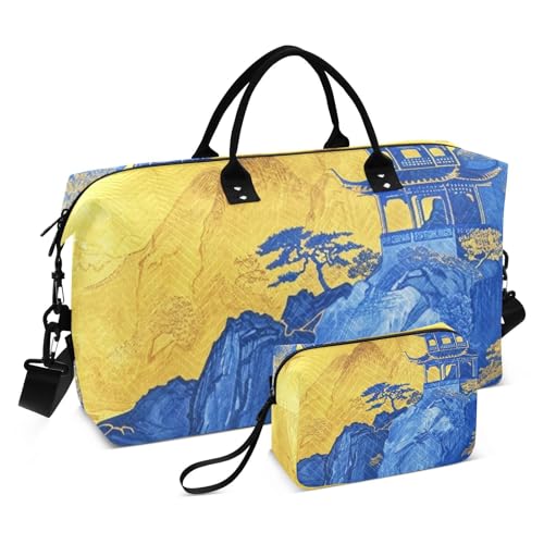 Große Reisetasche mit chinesischer Landschaft, Handgepäck, persönliche Gegenstände, Trainingstasche mit Kulturbeutel für Trekking, faltbar, Blau / Gold Große Reisetasche mit chinesischer Landschaft, Handgepäck, persönliche Gegenstände, Trainingstasche mit Kulturbeutel für Trekking, faltbar, Blau / Gold von famyily