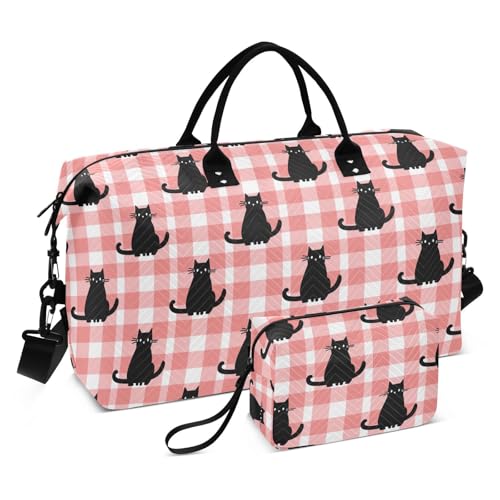 Große Reisetasche mit karierter und schwarzer Katze, Wochenendtasche, Turnbeutel mit Kulturbeutel für Flugzeugreisen, multifunktional von famyily