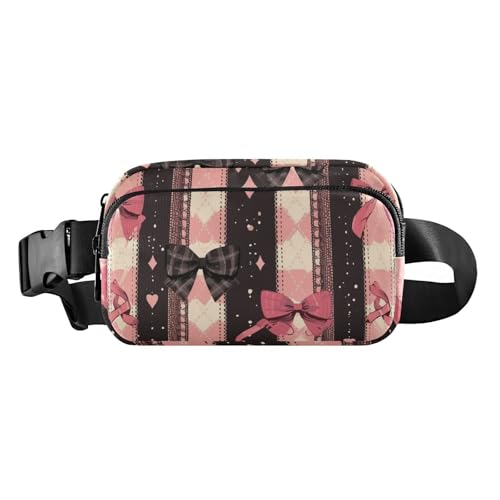 Gürteltasche für Herren und Damen, mit Spitze, Schleife, kariert, klein, Crossbody-Sporttasche mit verstellbarem Gurt, für Reisen, Fitnessstudio, Arbeit, Schwarz, Schwarze Pfirsich-Spitzenschleife von famyily
