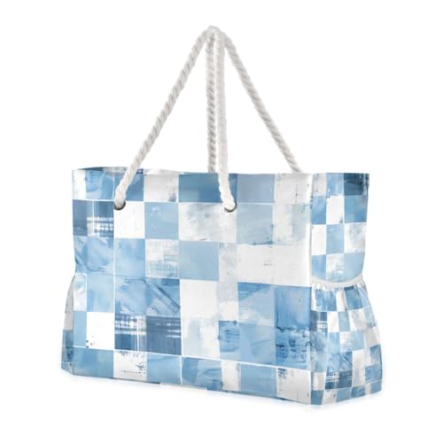 Hellblau und Weiß kariertes Muster, sanddichte Damen-Tragetasche mit Seitentaschen, Schultertasche, Wochenendtasche, Übernachtung, Oberteil, Strandtasche, Pooltasche, Arbeitstasche, Einkaufstasche von famyily