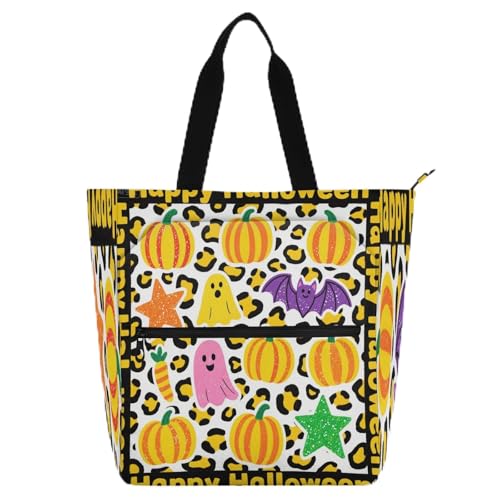 Hellgelber Leopardenmuster, Halloween-Kinder-Bücher-Tragetasche für Kinder und Erwachsene, wasserabweisend, Bibliothek, Büchertasche, Handtasche mit Reißverschlusstaschen, für College, Shopping von famyily