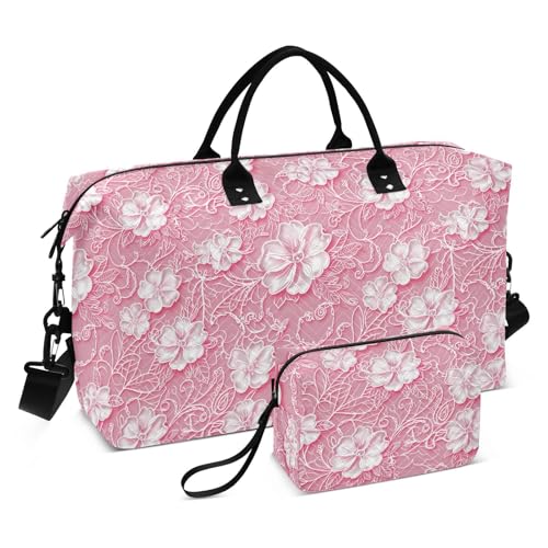 Hochzeits-Reisetasche mit weißer Spitze, Pfirsichblüte, groß, Reisetasche, Wochenendtasche, Übernachtungstasche, großer Turnbeutel mit Kulturbeutel zum Wandern, multifunktional von famyily
