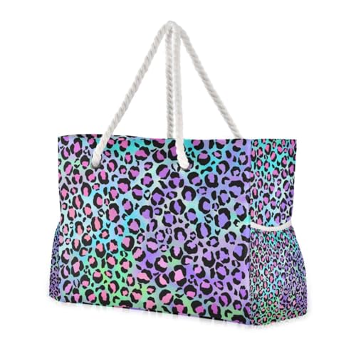 Holografischer Leopardenmuster auf Farbverlauf, große Kapazität, Damen-Tragetasche mit Seitentaschen, Wochenendtasche, mit Getränkehaltern an der Seite Holografischer Leopardenmuster auf Farbverlauf, große Kapazität, Damen-Tragetasche mit Seitentaschen, Wochenendtasche, mit Getränkehaltern an der Seite von famyily