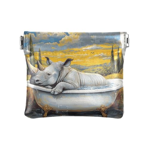 Kleine Geldbörse mit geometrischem Streifenmuster, PU-Leder, praktische Make-up-Tasche für Damen und Mädchen, Beauty Nashorn Retro Badewanne, 1 size, Modern von famyily