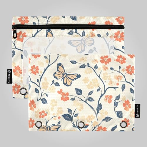 Lebendige orangefarbene Blume Schmetterling Federmäppchen 3 Ringe Tasche für 3 Ringe Ordner mit wasserdicht für Kinder Zuhause Reise Karten Aufbewahrungsbehälter von famyily