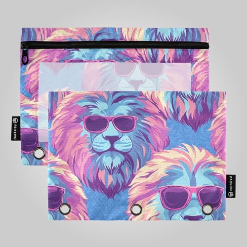 Löwen Tropisches Paradies Pfirsich Lila Federmäppchen Stoff Federmäppchen für drei Ringe Binder Taschen mit 3 Löchern für Kinder Ofhce Supplies von famyily