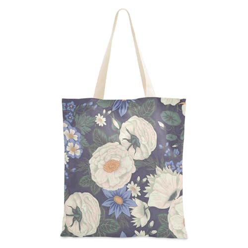 Mittelgroße Canvas-Tragetasche mit Taschen für Geburtstag, günstige Tragetasche, Blau mit Blumen und Weiß von famyily
