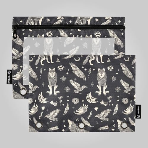 Mystische Wölfe Himmlische Symbole Ringe Binder Tasche Federmäppchen für 3 Loch Binder Taschen mit 3 Löchern für Kinder Aufbewahrungsbehälter von famyily