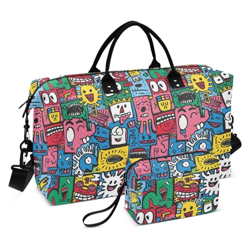 Quirky Style Patterns Travel Hand Bag Carry On Weekend Bag Gym Bag with Toiletry Bag for Trekking 2 Pcs Set von famyily