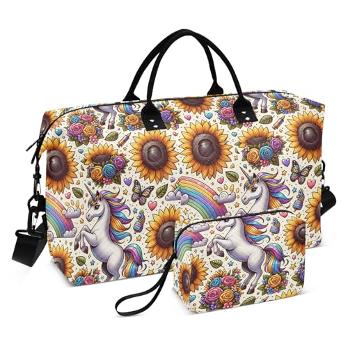 Reisetasche, Motiv: Cartoon-Einhörner, Sonnenblume, Tragetasche, Sporttasche, Turnbeutel mit verstellbarem Riemen, für Fitnessstudio, 2-teiliges Set Reisetasche, Motiv: Cartoon-Einhörner, Sonnenblume, Tragetasche, Sporttasche, Turnbeutel mit verstellbarem Riemen, für Fitnessstudio, 2-teiliges Set von famyily