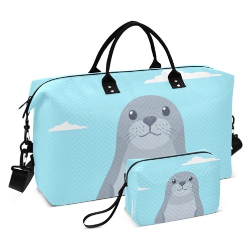 Reisetasche mit Cartoon-Motiv, Motiv: süßer Seesiegel, für Wochenend/Übernachtung, Turnbeutel mit Kulturbeutel für Trekking, 2-teiliges Set, Bolsos Para Viajar von famyily