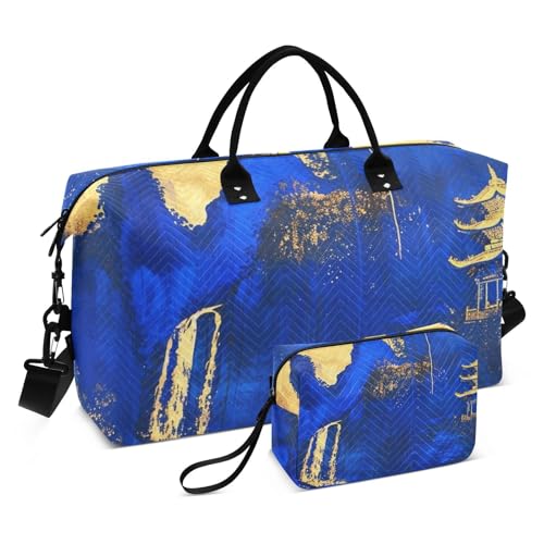 Reisetasche mit chinesischer Landschaft, Reisetasche, Wochenendausrüstung, Turnbeutel, Kulturbeutel, für Sport, wasserdicht, Blau / Gold Reisetasche mit chinesischer Landschaft, Reisetasche, Wochenendausrüstung, Turnbeutel, Kulturbeutel, für Sport, wasserdicht, Blau / Gold von famyily