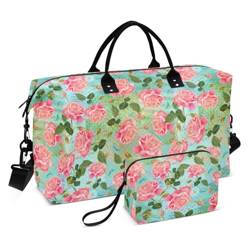 Reisetasche mit roten Rosenknospen, grünen Blättern, große Reisetasche, Wochenendtasche, Turnbeutel mit Kulturbeutel für Geschäftsreisen, multifunktional Reisetasche mit roten Rosenknospen, grünen Blättern, große Reisetasche, Wochenendtasche, Turnbeutel mit Kulturbeutel für Geschäftsreisen, multifunktional von famyily