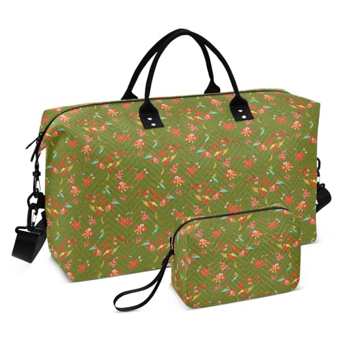 Rote Blumen Vögel Boho Trendy Gepäck Reisetasche Handgepäcktasche Sporttasche Turnbeutel mit Kulturbeutel für Trekking Faltbar von famyily