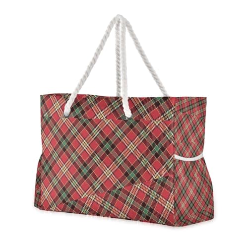 Rote Patchwork-karierte robuste große Tragetasche mit Seitentaschen, Schultertasche, Wochenend-Übernachtung, mit Getränkehaltern an der Seite von famyily