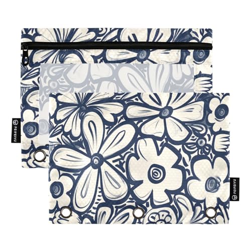 Schwarz und Weiß, handbemalt, Boho-Reißverschluss, mit durchsichtigem Fenster, Ringordner mit Taschen mit Reißverschluss, verstärkte Ösen, 3 Ringe, Federmäppchen für Bürobedarf, mehrfarbig von famyily