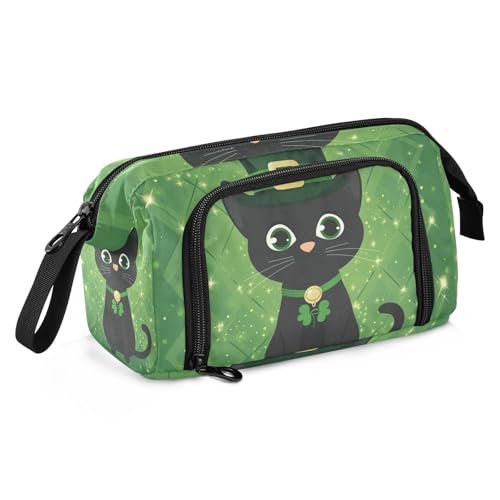 St. Patrick's Day Schwarze Katze Federmäppchen Große Kapazität Reißverschluss Federmäppchen mit Griff Federmäppchen für Erwachsene für Lehrer Kosmetik von famyily