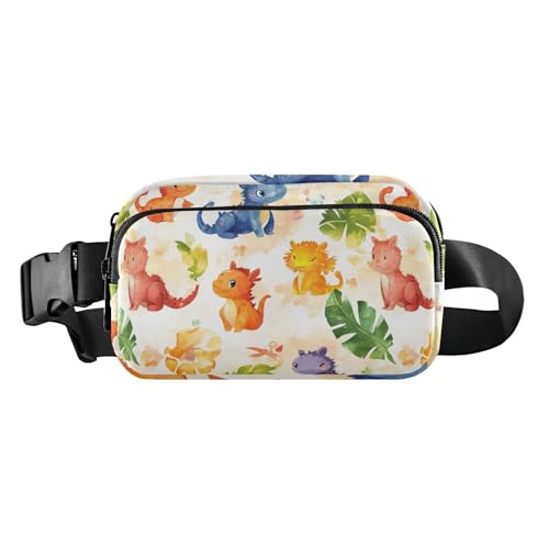Süße bunte Dinosaurier-Umhängetasche mit tropischem Blatt, für Damen, Herren, Teenager, Mini-Umhängetasche, Gürteltasche mit verstellbarem Riemen für Reisen, Urlaub, Laufen, niedlicher bunter von famyily