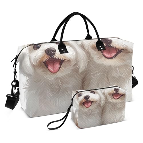 Süße weiße Malteserhunde Happy Gepäck Reisetasche Wochenendtasche Turnbeutel mit verstellbarem Gurt für Flugzeugreisen große Kapazität maletín de para mujer von famyily