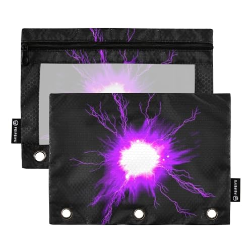 Thunderbolt Federmäppchen mit 3 Ringen und transparentem Fenster, Stoff-Federmäppchen, groß und stabil, 3 Ringe, Federmäppchen, Schulklasse, Büro, Organizer, mehrfarbig, 2 Stück von famyily
