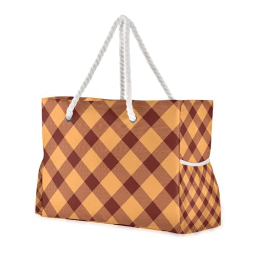 Tragetasche für Damen, quadratisch, große Kapazität, mit Seitentaschen, Strandsport, mit Getränkehaltern an der Seite, Orange / Braun von famyily