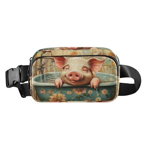 Umhängetasche für Damen und Herren, strahlende Explosion von Farben, niedlich, wasserabweisend, Laufgürtel, Hüfttasche, Sweet Pet Pig Retro-Badewanne, 1 size von famyily