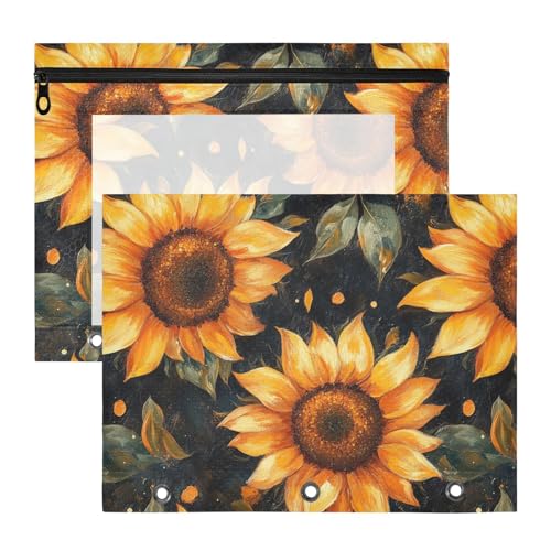 famyily Binder-Federmäppchen, Klarsichtfenster, 3-Loch-Tasche für A4-Papier, Briefe, 2 Stück, Lehrer, Klassenzimmer, trendiger Sonnenblumen-Ölgemälde-Stil von famyily