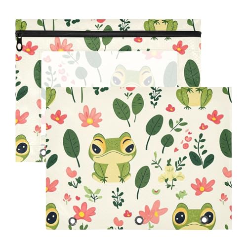 famyily Bindertaschen, 3 Löcher, 3 Locher für A4-Papier, Briefe, 2 Stück, Studenten, College-Zubehör, niedliches Frosch-Blumenelement-Muster von famyily