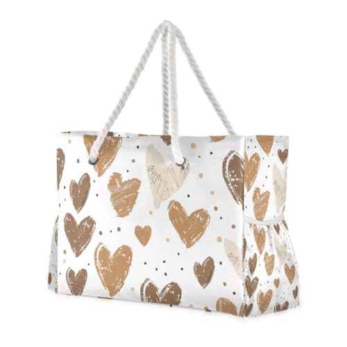 famyily Braune Herz-stabile Tragetasche für Damen mit Seitentaschen, Gummi-Strandtasche, Strandtasche, Pooltasche, Arbeitstasche, Einkaufstasche famyily Braune Herz-stabile Tragetasche für Damen mit Seitentaschen, Gummi-Strandtasche, Strandtasche, Pooltasche, Arbeitstasche, Einkaufstasche von famyily