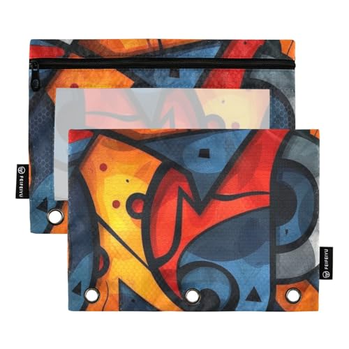 famyily Buntes abstraktes Graffiti-3-Ring-Reißverschluss mit transparentem Fenster, Ringe, Federmäppchen mit Reißverschluss, verstärkte Ösen, Taschenordner für 3 Schulklassen, Büro, Organizer von famyily