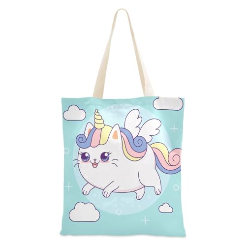 famyily Canvas-Tragetasche mit weißen Einhörnern, Katze, Leinen-Tragetasche für Damen, für Reisen, Alltag von famyily