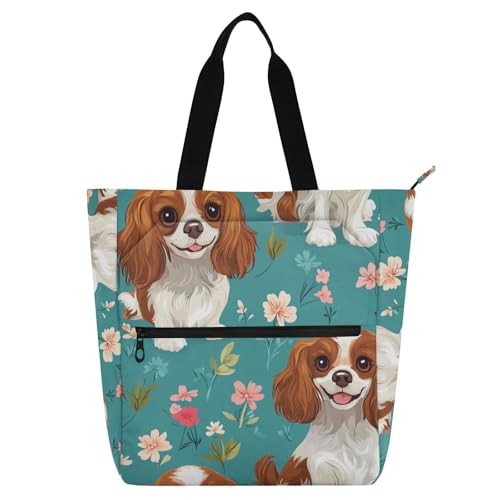 famyily Cartoon Cavalier King Spaniel Dogs Turquoise Kids Cute Tote Bags for Boys Girls Adults Waterproof Library Shoulder Bag Handbag with Zipper for School Shopping Travel Rainbow von famyily