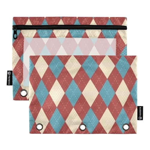 famyily Federmäppchen, Vintage-Stil, kariert, großer Reißverschluss mit transparentem Fenster, großes Federmäppchen, große und stabile Taschen, 3-fach gelocht, zur Aufbewahrung von Schul- und von famyily