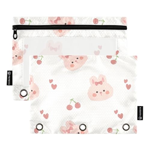 famyily Federmäppchen mit Cartoon-Motiv Pfirsichhase und Kirsche, mit Reißverschluss und transparentem Fenster, großes Federmäppchen, großes und stabiles Drei-Ringbuch für Schule, Büro und Zuhause von famyily