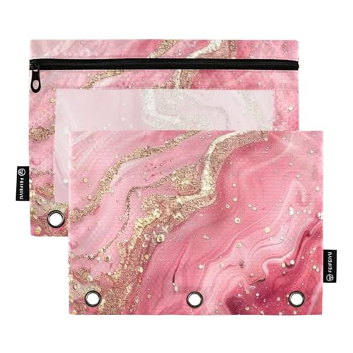 famyily Federmäppchen mit luxuriöser Marmorstruktur in pfirsichgoldfarbener Farbe, 3 Ringe, Federmäppchen mit transparentem Fenster, Ringen, Federmäppchen mit Reißverschluss, verstärkte Ösen, 3 Ringe von famyily