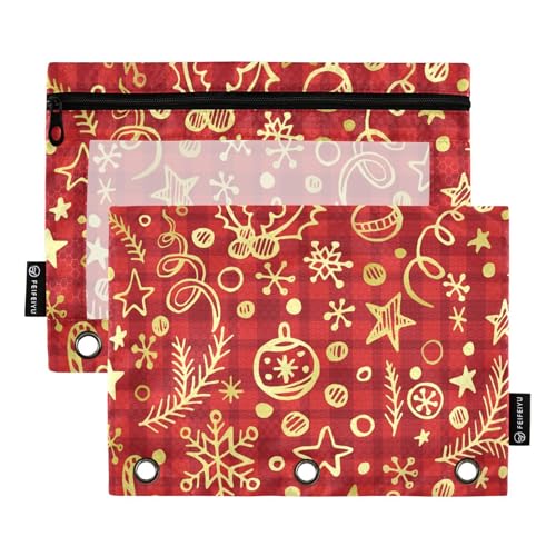 famyily Merry Christmas Buffalo Plaid Gold Red Pattern Binder Pouches 3 Rings with Clear Window Pencil Case Large and Sturdy 3 Hole Loched Folders for School, Office & Home Multicolor 2 PCS von famyily