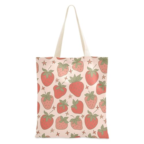 famyily Mittelgroße Canvas-Tragetasche, Cartoon-Erdbeere, Canvas-Tragetasche für Damen, für Reisen, ästhetische Tragetasche von famyily