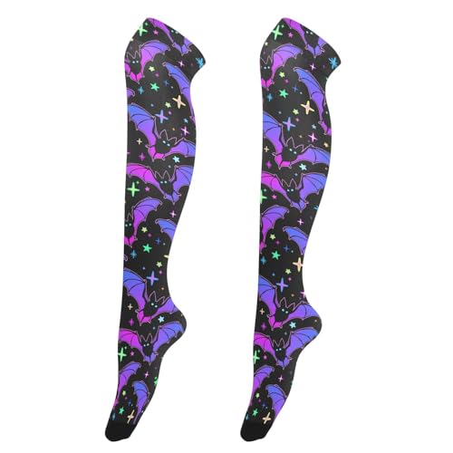 famyily Schwarze blaue Fledermäuse Happy Halloween Damen Overknee-Strümpfe weich und bequem extra lange hohe Oberschenkelsocken für Modelle Oberschenkelhohe Wintersocken für Hochzeiten 1 Paar von famyily